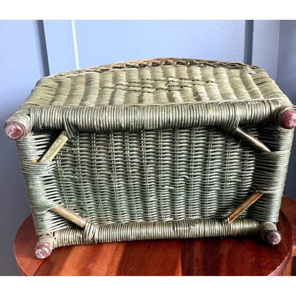 Vintage Woven Rattan Magazine Basket Sage Green‎ Handles 17.5